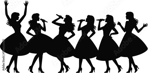 Six female singers in vintage dresses performing with microphones, stage performance silhouette, retro girl group illustration, vocal harmony, concert entertainment