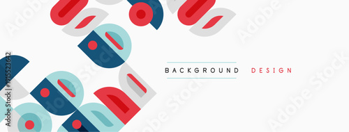 Abstract geometric shapes overlap, creating modern background. Red, blue, green hues dominate neutral canvas. Minimalist design.