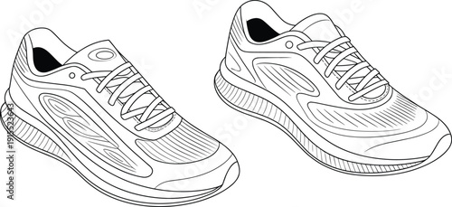 Sport running shoes vector outline illustration, modern sneakers line art set, athletic footwear design for fitness training