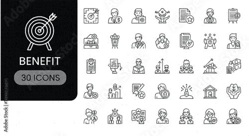 A set of black and white line icons related to benefits and business