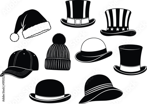 Set of Hat Illustrations Featuring Santa Hat, Top Hat, Bowler Hat, Baseball Cap, Winter Beanie, and Wide-Brimmed Styles
