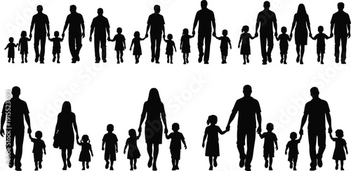 Silhouettes of Diverse Single Parents and Families Holding Hands with Children in Rows for Fatherhood Motherhood and Childhood Development Concepts