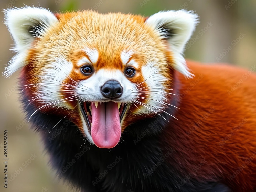 Obraz premium Red panda with tongue out, funny mammal from Himalayas, shaggy tail, red panda