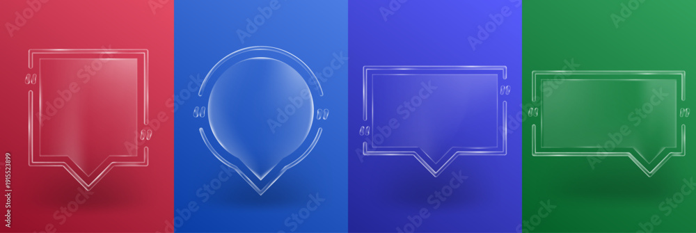 Obraz premium Vector illustration. Glassmorphism quote boxes on colorful backgrounds. Frosted glass effects and glossy lines. Quote transparent box. Design elements for poster, cover, banner, advertising, flyer