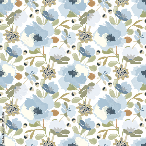 Vector floral seamless pattern. White, blue flowers