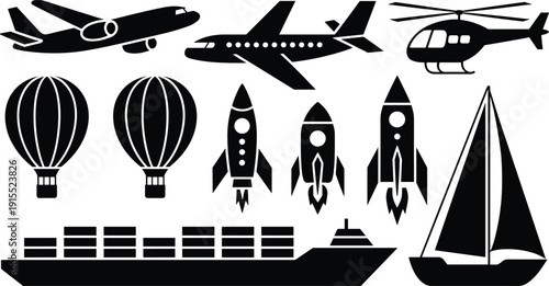 Transportation silhouette vector set, airplane helicopter hot air balloon rocket ship and sailboat, black white travel icons