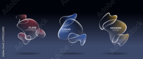 Vector illustration. Dark glassmorphism set featuring glowing liquid shapes with color highlights. Abstract transparent fluid forms on a dark background. Design for web banner, UX, UI, advertising