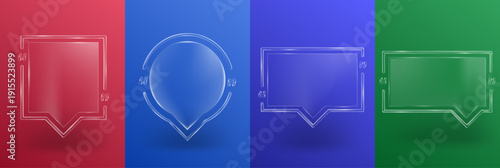 Vector illustration. Glassmorphism quote boxes on colorful backgrounds. Frosted glass effects and glossy lines. Quote transparent box. Design elements for poster, cover, banner, advertising, flyer