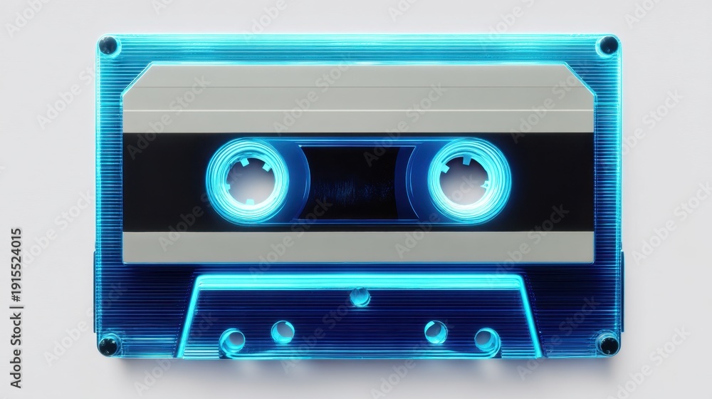 Naklejka premium Neon Blue Vintage Cassette Tape with Transparent Design and Futuristic Aesthetic