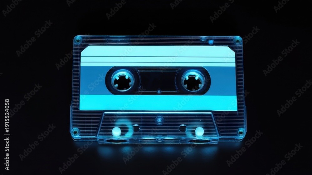Obraz premium Illuminated Vintage Cassette Tape on Black Background Radiates Nostalgia and Retro Aesthetic