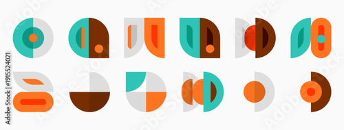 Abstract geometric shapes, muted colors, retro style patterns. Minimalist design, flat illustration, repeating motifs. Clean aesthetic.