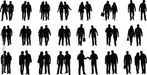 Vector silhouette of diverse children standing in row with tall adult man in profile view showing height comparison and growth