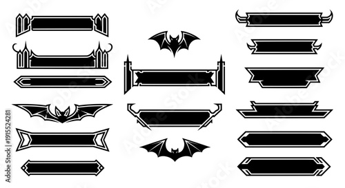 Collection of blank dark fantasy ribbons and gothic nameplates featuring cathedral arches and bat wings for rpg game user interface design elements