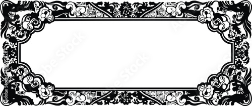 described features a rectangular decorative frame characterized by its intricate floral and swirl patterns.