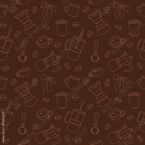 Hand-drawn seamless pattern made of coffee equipment and coffee beans for cafe or coffee shop branding and packaging