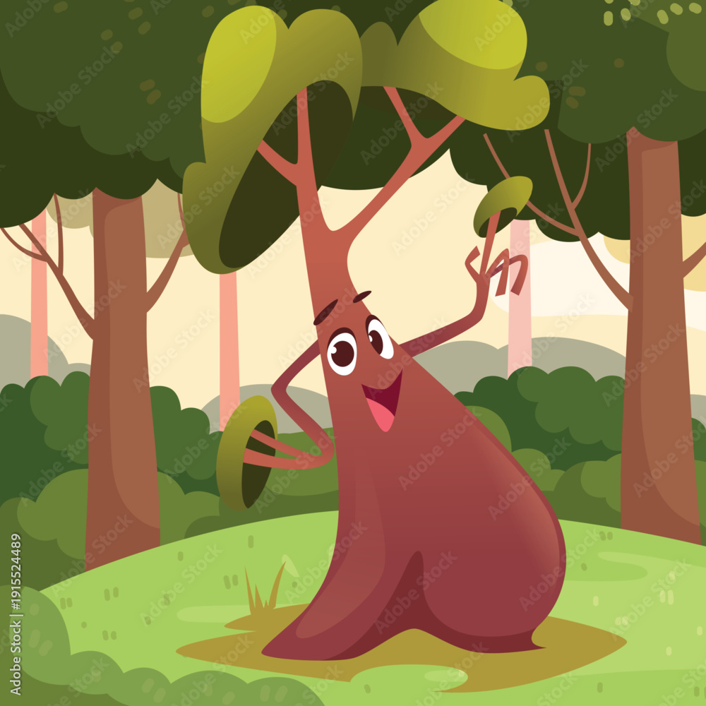 Obraz premium Cartoon tree. fantasy wood with eyes and smiled. vector background fairytale illustration