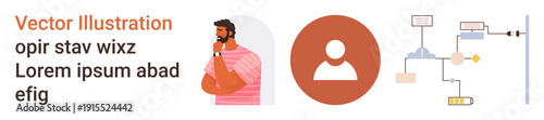 Business planning, system automation, processes, avatar design, technology, workflow. A man thinking, a user profile icon and a flowchart with interconnected elements. Business planning and system