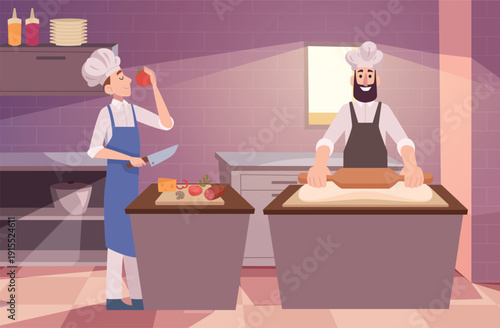 Chef restaurant. cooking characters preparing pizza in restaurant cuisine. vector cartoon background