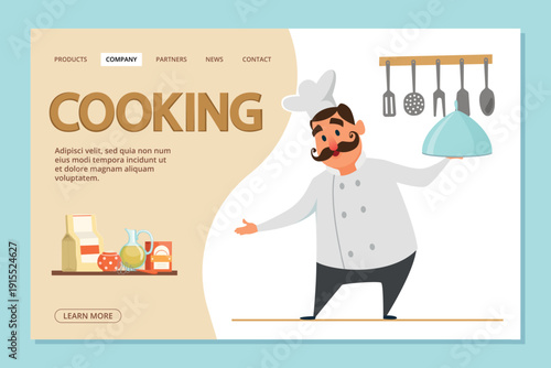 Cooking landing. web design page with chef illustration. vector template