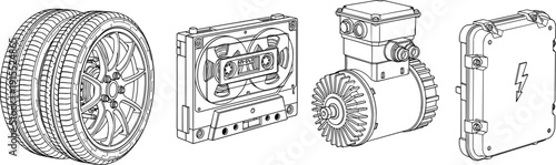 Automotive components set with car tires, cassette tape, electric motor and battery pack, black and white vector line art isolated on white background