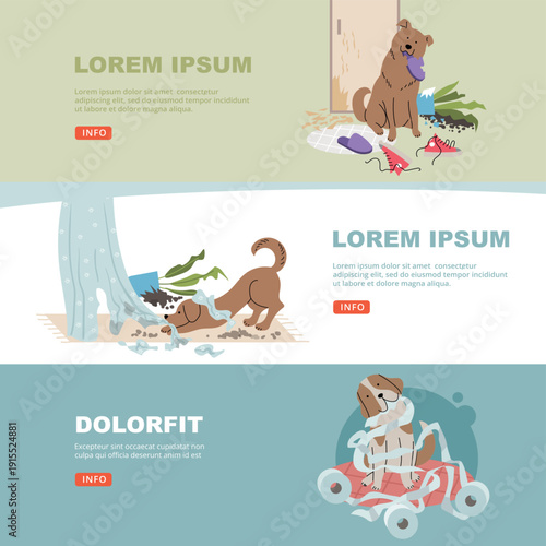 Pets mess. dog destroyed house items. vector banners