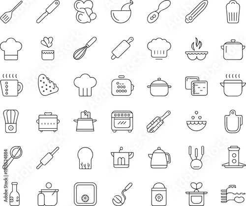 Kitchen cooking utensil vector icon set, cookware tools outline collection minimal line food preparation equipment symbols pack