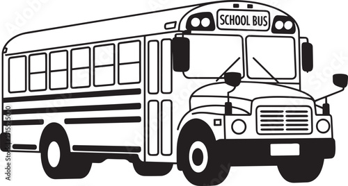 A detailed black and white illustration of a classic school bus with its doors open and windows visible Vector