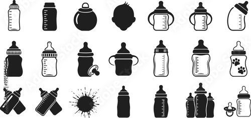 Baby feeding silhouette icon set, infant bottle vector illustration, pacifier design for childcare, newborn nutrition art, parenting product graphic collection