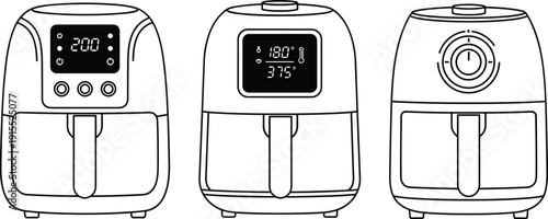 Air fryer appliance set, digital and manual kitchen cooker designs, black and white vector line art isolated on white background