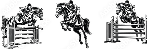 Equestrian show jumping set, horse and rider jumping obstacle, black and white vector illustration, competitive equine sport isolated on white background