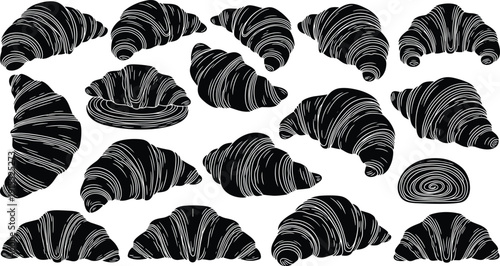 Croissant silhouette icon set, pastry vector illustration, bakery food design for breakfast, baked goods art, culinary dessert graphic collection