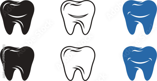 Tooth Icon Set with Dental Care Symbols in Outline and Solid Style, Healthy Smile Dentistry Clinic Logo Collection for Medical and Healthcare Design