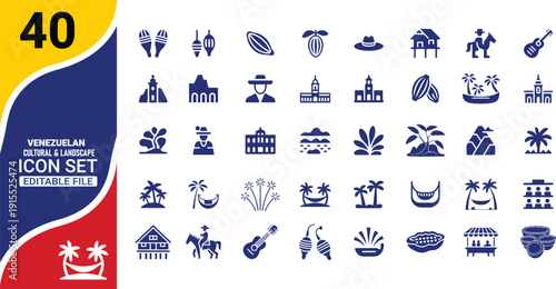 Venezuelan cultural landscape icon set featuring various symbols and elements with the flag prominently displayed