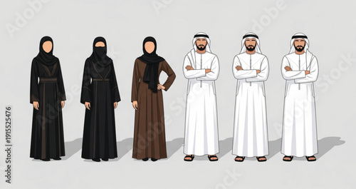 Traditional Arab Men and Women in Cultural Clothing Set Featuring Abaya, Hijab, Thobe, and Kandura Representing Middle Eastern Fashion and Heritage