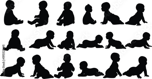Baby Silhouette Collection with Crawling Sitting and Playing Infant Poses, Newborn Child Growth Stages Black Silhouette Set for Parenting and Nursery Design