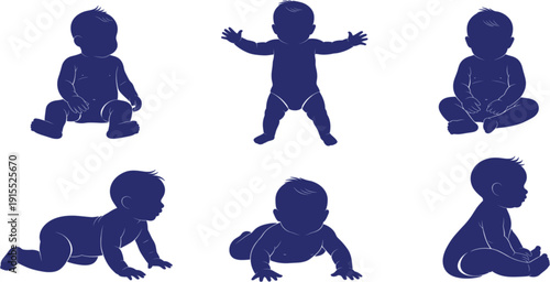 Baby Silhouette Collection with Cute Infant Poses Sitting Crawling Standing and Playing, Newborn Child Growth Stages Vector Illustration Set for Design