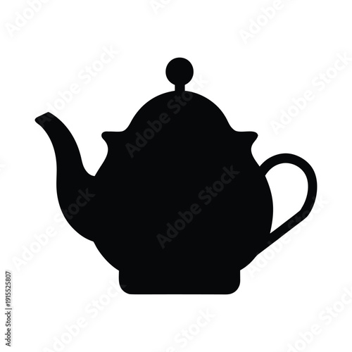 A sleek black teapot silhouette with a spherical body and a spout on the side. Vector