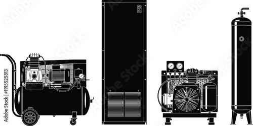 Industrial air compressor machines set, portable and stationary compressor units with air tank, black and white vector illustration isolated on white background