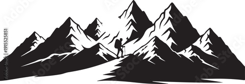 Hiker with backpack walking towards majestic mountain peaks on isolated white background scene