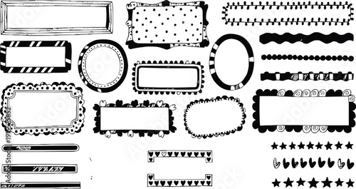 Described is a diverse collection of black and white frames and decorative borders, each with a unique shape and style.