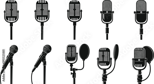Microphone silhouette icon set, audio recording vector illustration, broadcasting design for music, sound studio art, vintage modern graphic collection