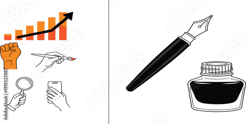 Business Growth, Creativity, and Writing Tool Illustration Set with Rising Graph, Hand Icons, Fountain Pen, and Ink Bottle for Productivity and Success Concepts