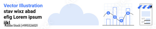 Cloud computing, data analytics, e-commerce, business performance, technology integration, online solutions. Features a cloud, data graphs and storefront interface. Cloud computing and data