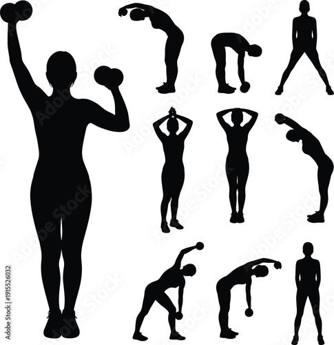 Black silhouette collection of a fit woman performing various dumbbell strength exercises and stretching routines for home fitness gym workout and healthy lifestyle concepts.