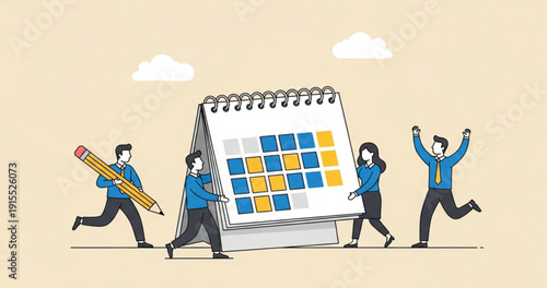 Business Team Planning Schedule and Project Management Using Calendar for Task Organization, Deadline Control, Productivity, and Workflow Collaboration Concept