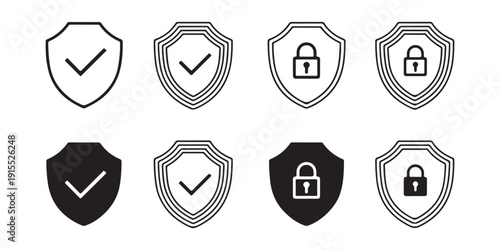 Set of shield icons representing security protection and safety in a classic vector design