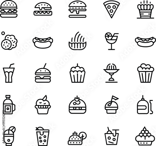 Fast food line icons set, burger pizza drinks desserts snacks restaurant menu street food collection vector outline pack