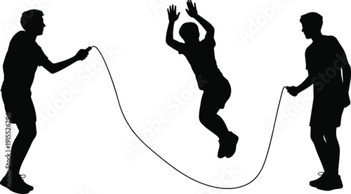 Black silhouette collection of young children playing jump rope together for school physical education fitness training and happy childhood summer camp outdoor activity concepts.