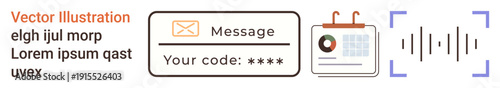 Authentication systems, digital communication, online security, scheduling, accessibility, verification. Email notification bar, secure code input calendar and scan icon. Authentication and online