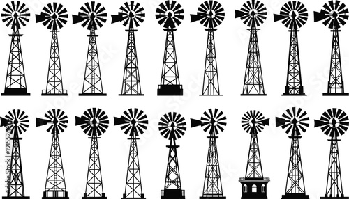 Windmill silhouette icon set, renewable energy vector illustration, farm design for rural landscape art, sustainable power graphic collection
